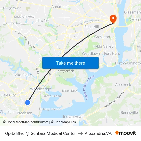 Opitz Blvd @ Sentara Medical Center to Alexandria,VA map