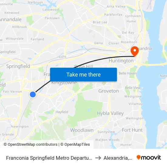 Franconia Springfield Metro Departures to Alexandria,VA map
