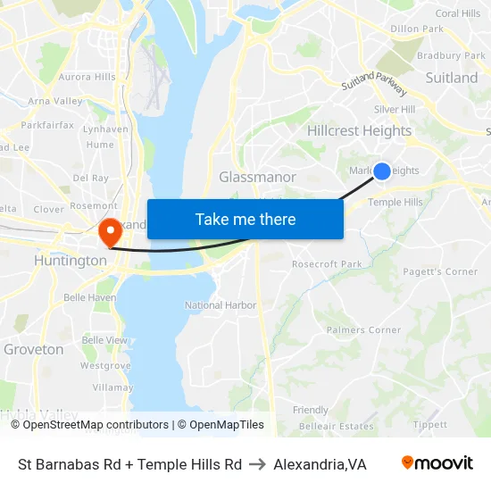St Barnabas Rd + Temple Hills Rd to Alexandria,VA map