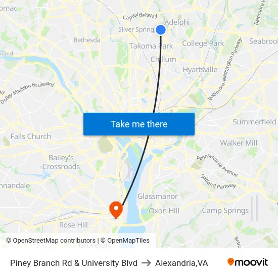 Piney Branch Rd & University Blvd to Alexandria,VA map