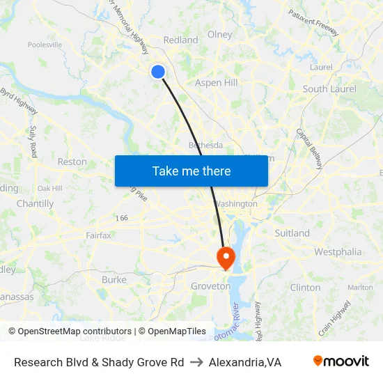 Research Blvd & Shady Grove Rd to Alexandria,VA map
