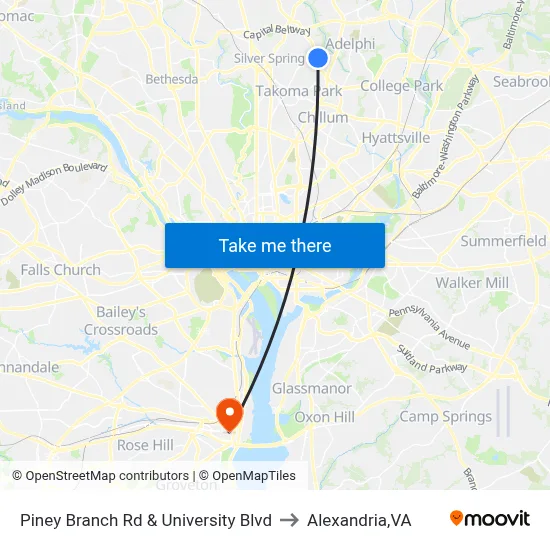 Piney Branch Rd & University Blvd to Alexandria,VA map