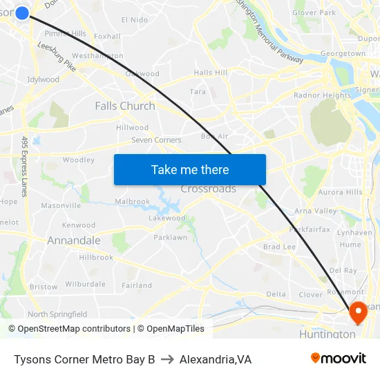 Tysons Corner Metro Bay B to Alexandria,VA map