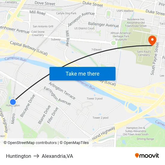 Huntington to Alexandria,VA map
