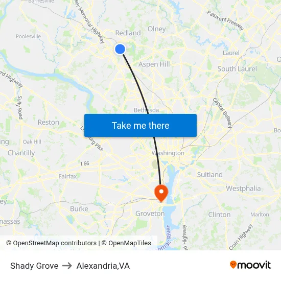 Shady Grove to Alexandria,VA map
