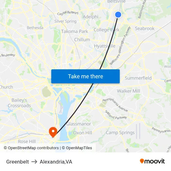 Greenbelt to Alexandria,VA map