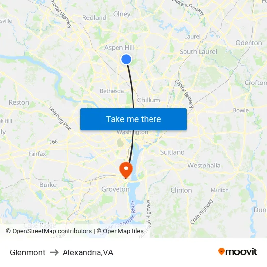 Glenmont to Alexandria,VA map