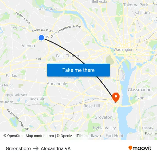 Greensboro to Alexandria,VA map