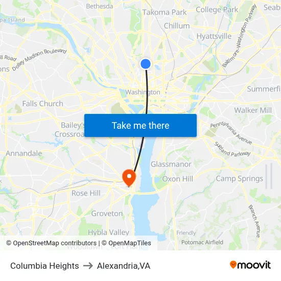 Columbia Heights to Alexandria,VA map
