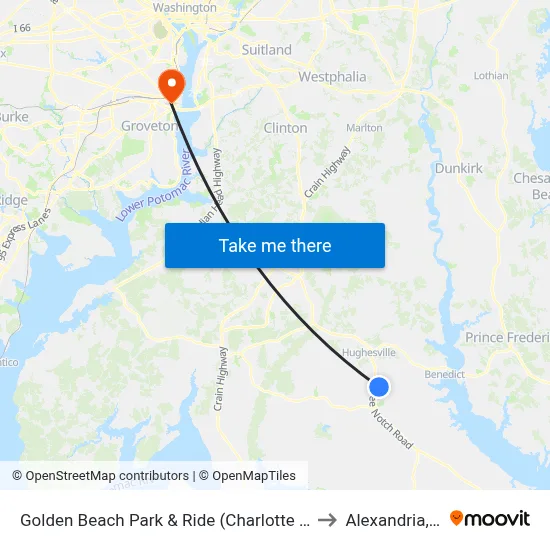 Golden Beach Park & Ride (Charlotte Hall) to Alexandria,VA map