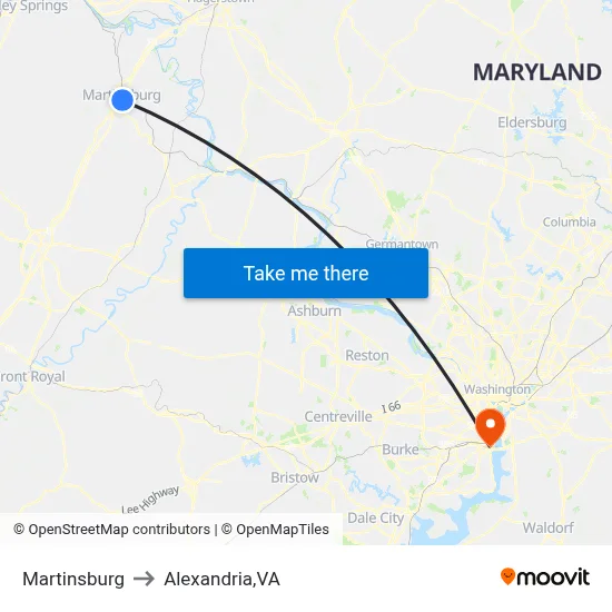 Martinsburg to Alexandria,VA map