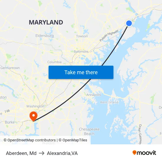 Aberdeen, Md to Alexandria,VA map