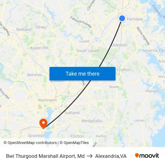 Bwi Thurgood Marshall  Airport, Md to Alexandria,VA map