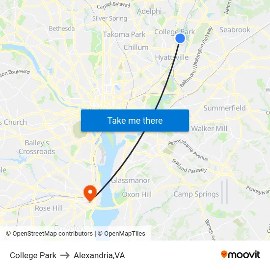 College Park to Alexandria,VA map