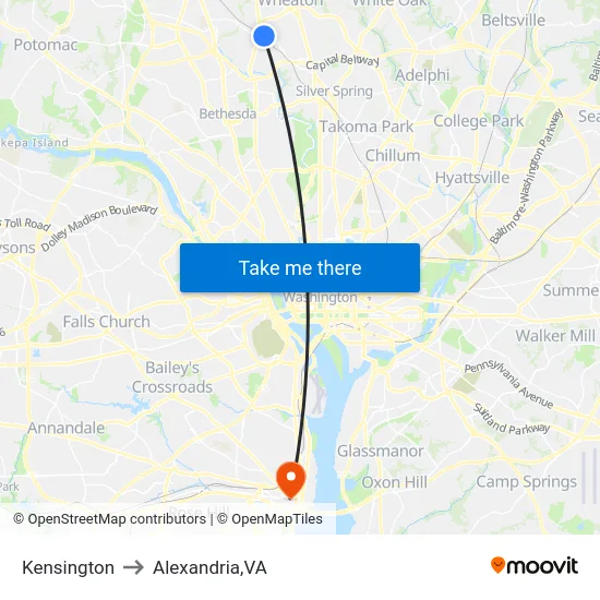 Kensington to Alexandria,VA map