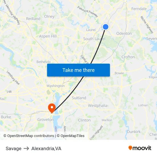 Savage to Alexandria,VA map