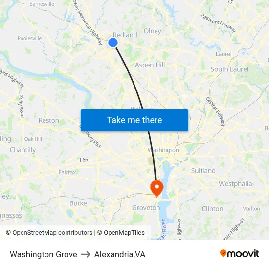 Washington Grove to Alexandria,VA map