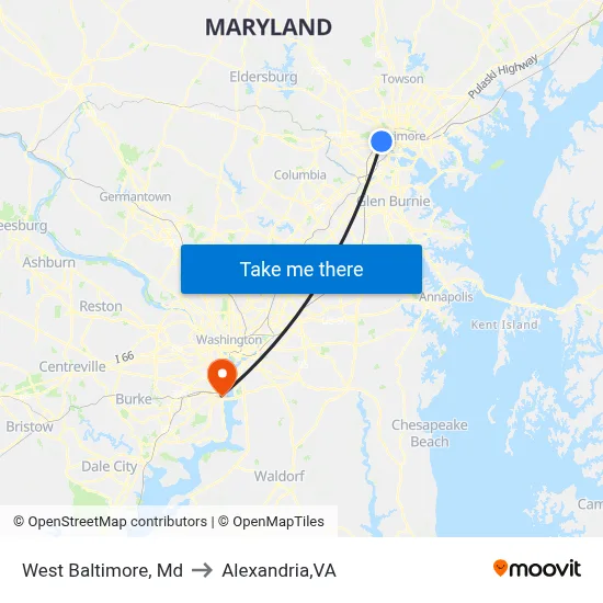 West Baltimore, Md to Alexandria,VA map
