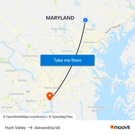 Hunt Valley to Alexandria,VA map