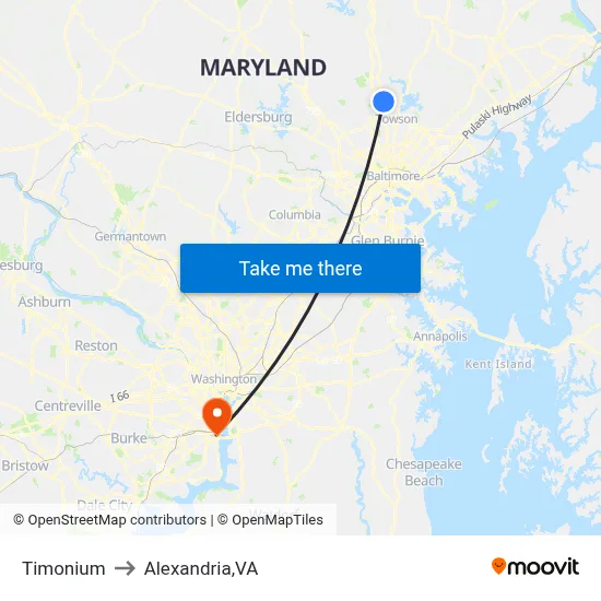 Timonium to Alexandria,VA map