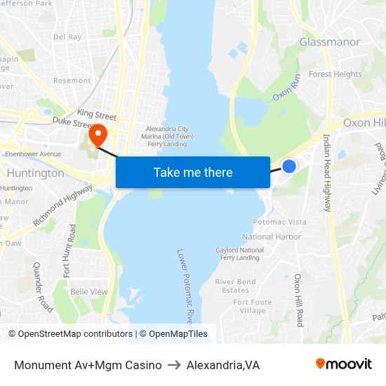 Monument Av+Mgm Casino to Alexandria,VA map
