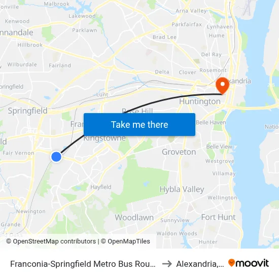 Franconia-Springfield Metro Bus Route 301 to Alexandria,VA map