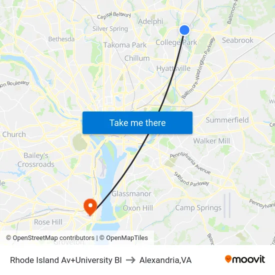 Rhode Island Av+University Bl to Alexandria,VA map