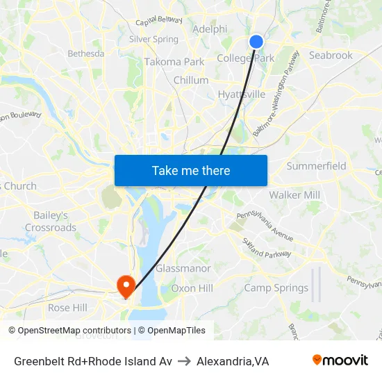 Greenbelt Rd+Rhode Island Av to Alexandria,VA map