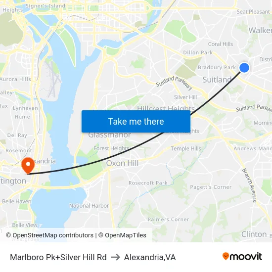 Marlboro Pk+Silver Hill Rd to Alexandria,VA map