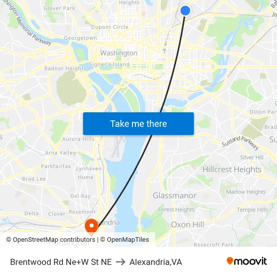 Brentwood Rd Ne+W St NE to Alexandria,VA map