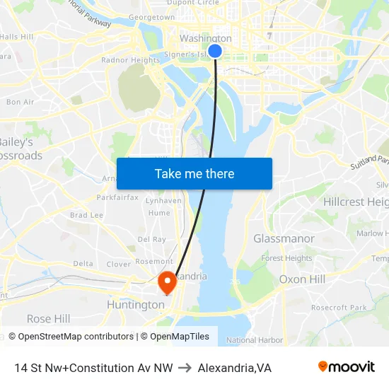 14 St Nw+Constitution Av NW to Alexandria,VA map