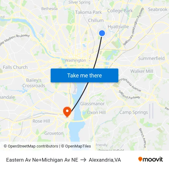 Eastern Av Ne+Michigan Av NE to Alexandria,VA map