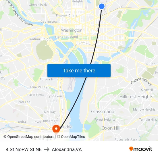 4 St Ne+W St NE to Alexandria,VA map