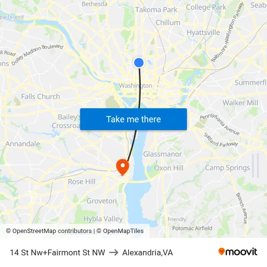 14 St Nw+Fairmont St NW to Alexandria,VA map