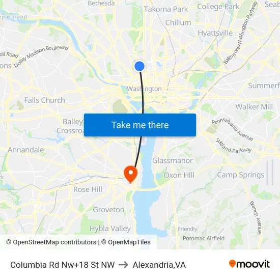 Columbia Rd Nw+18 St NW to Alexandria,VA map