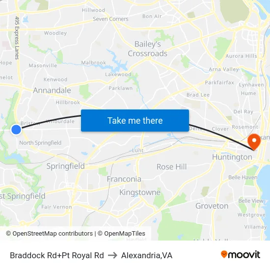 Braddock Rd+Pt Royal Rd to Alexandria,VA map