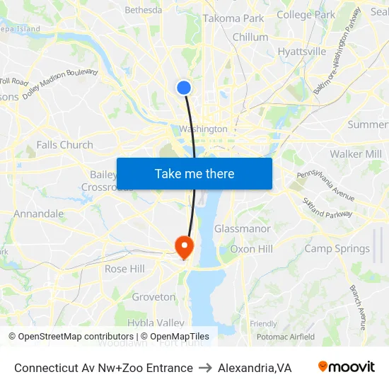 Connecticut Av Nw+Zoo Entrance to Alexandria,VA map