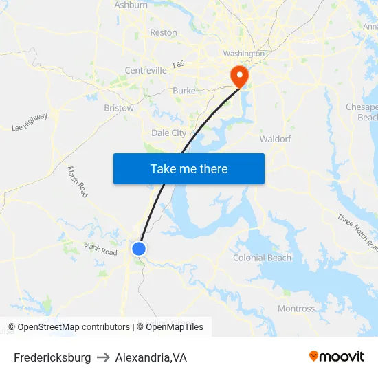 Fredericksburg to Alexandria,VA map