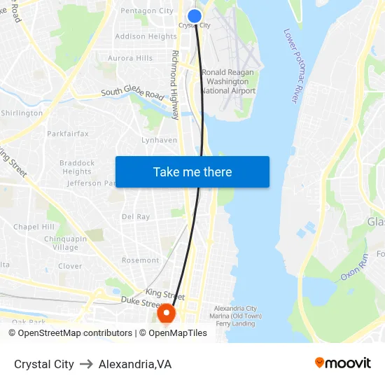 Crystal City to Alexandria,VA map