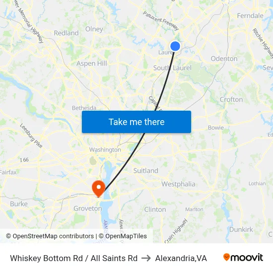Whiskey Bottom Rd / All Saints Rd to Alexandria,VA map