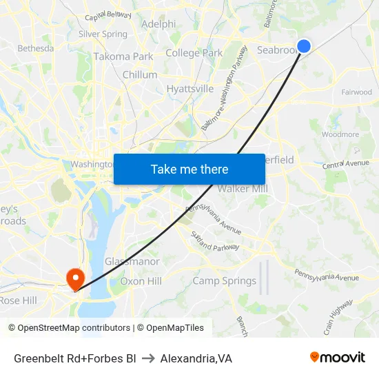 Greenbelt Rd+Forbes Bl to Alexandria,VA map