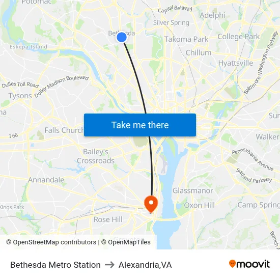 Bethesda Metro Station to Alexandria,VA map