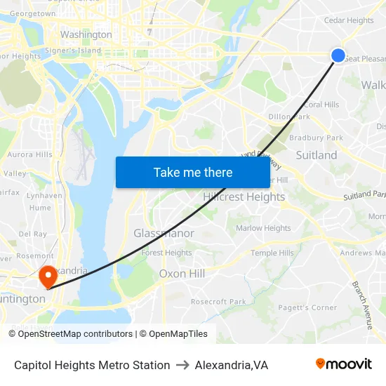 Capitol Heights Metro Station to Alexandria,VA map