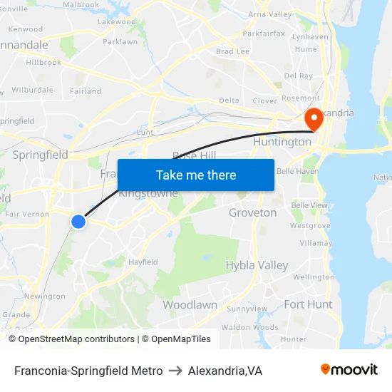 Franconia-Springfield Metro to Alexandria,VA map
