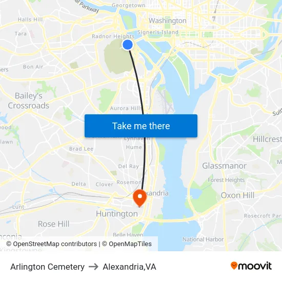 Arlington Cemetery to Alexandria,VA map