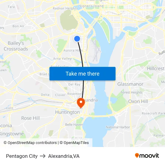 Pentagon City to Alexandria,VA map