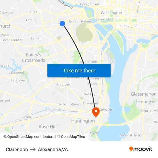 Clarendon to Alexandria,VA map