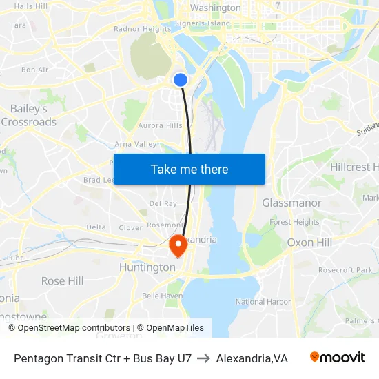 Pentagon Transit Ctr + Bus Bay U7 to Alexandria,VA map