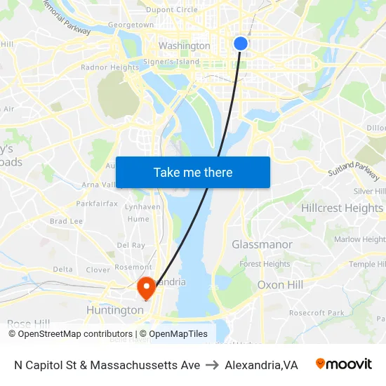 N Capitol St & Massachussetts Ave to Alexandria,VA map