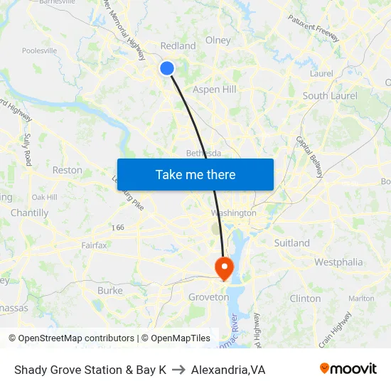 Shady Grove Station & Bay K to Alexandria,VA map